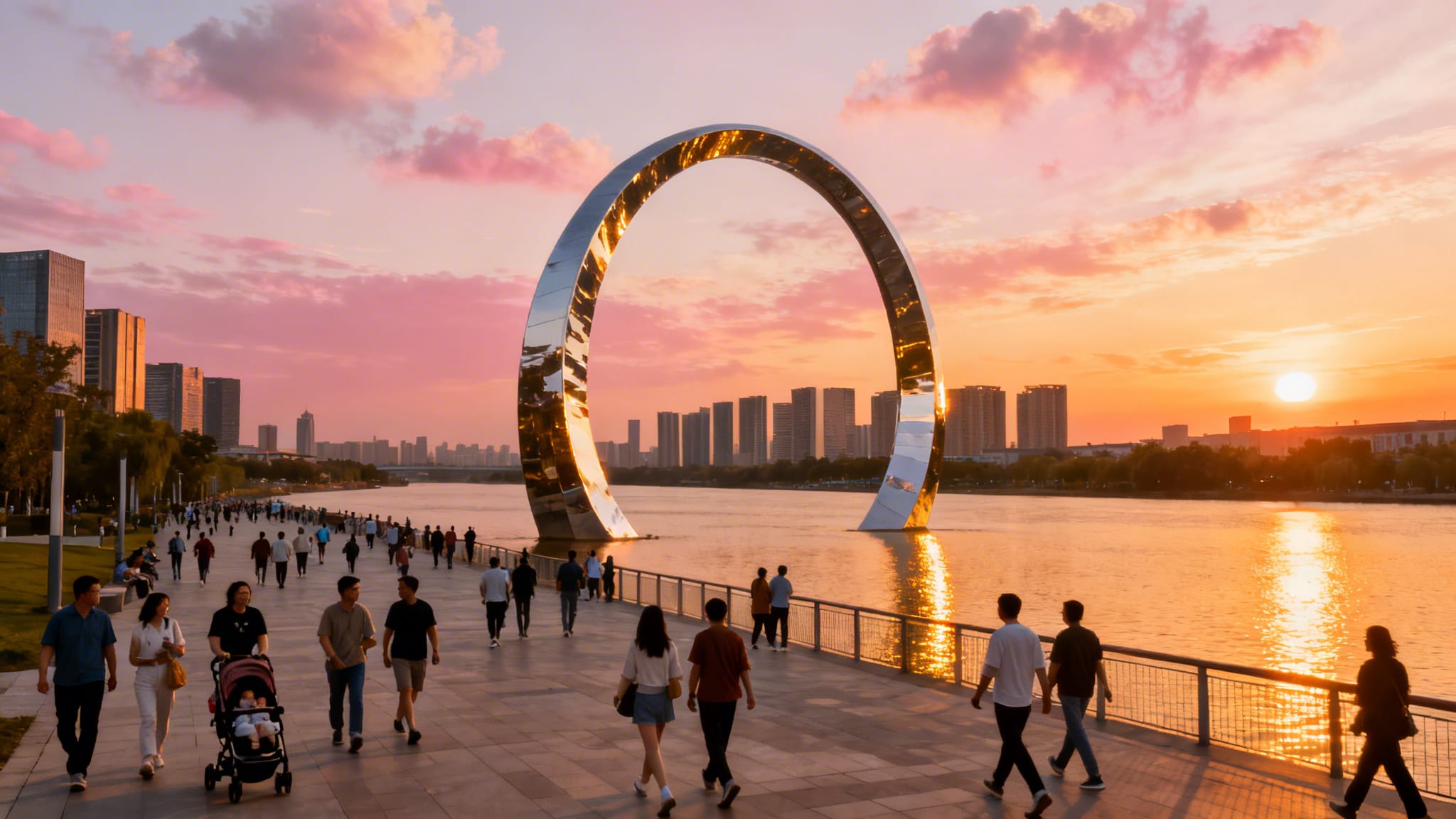Promenade au coucher du soleil au bord d’un fleuve, évoquant Saint-Louis (USA)