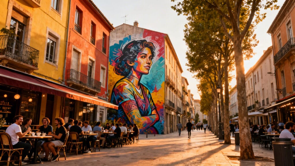Rue animée, street art et cafés, ambiance de capitale