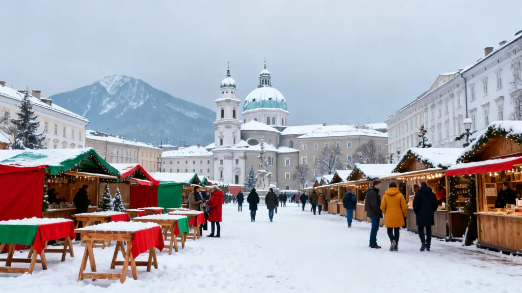 Place animée, dômes enneigés et étals d’hiver