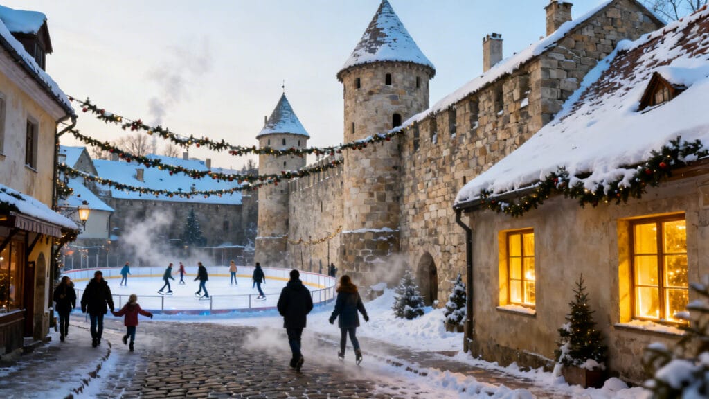 Ruelle médiévale, guirlandes et toits enneigés