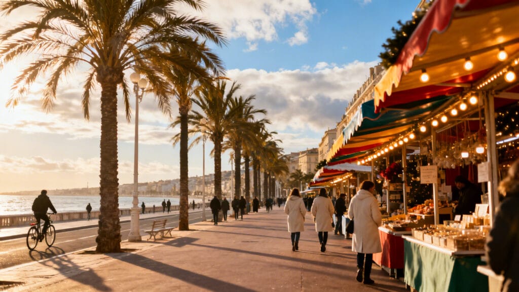 Boulevard ensoleillé, palmiers et marché hivernal