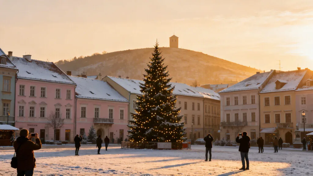 Petite place, sapin décoré et toits saupoudrés de neige