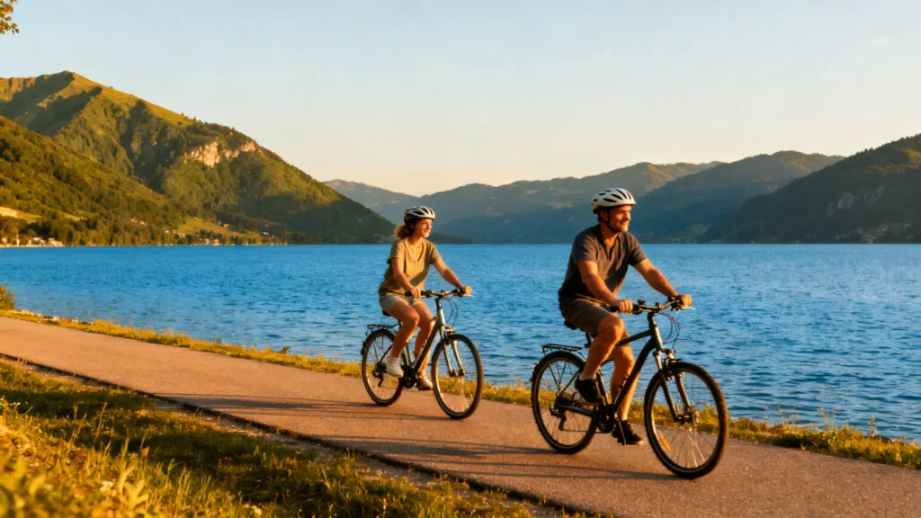 Cyclistes sur la voie verte du lac d’Annecy