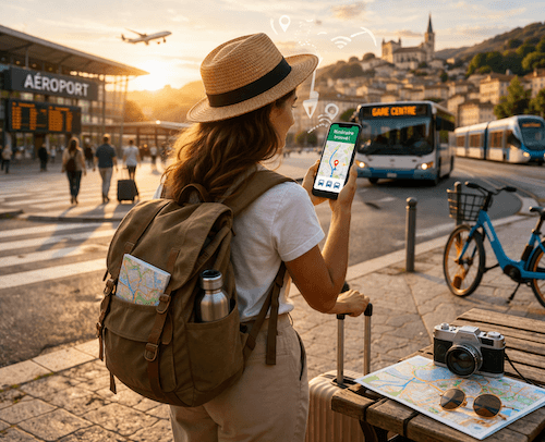 Femme avec smartphone à l'aéroport, vue bus et cathédrale
