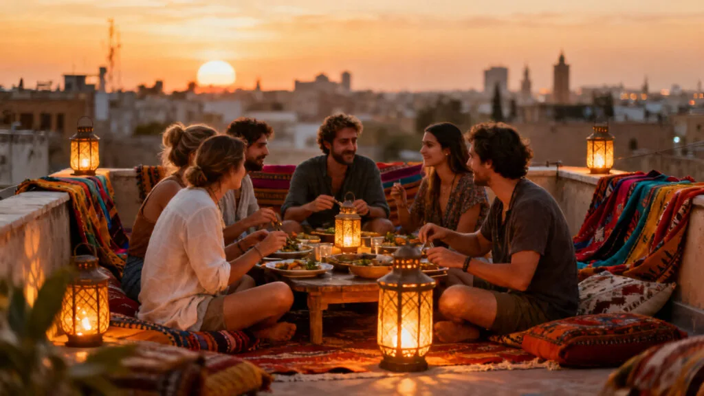 Voyageurs partageant un dîner en terrasse lors d’un séjour au Maroc