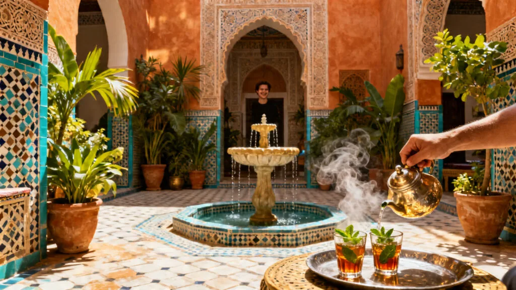 Thé à la menthe servi dans un riad, hospitalité marocaine