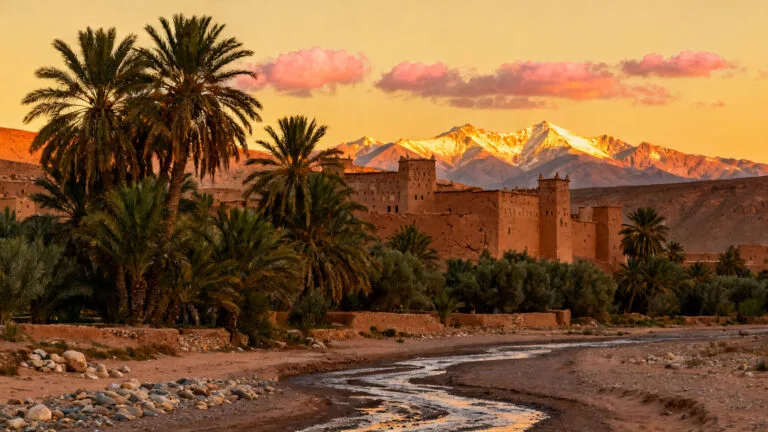 Panorama Maroc&nbsp;: désert, Atlas et oasis au coucher de soleil