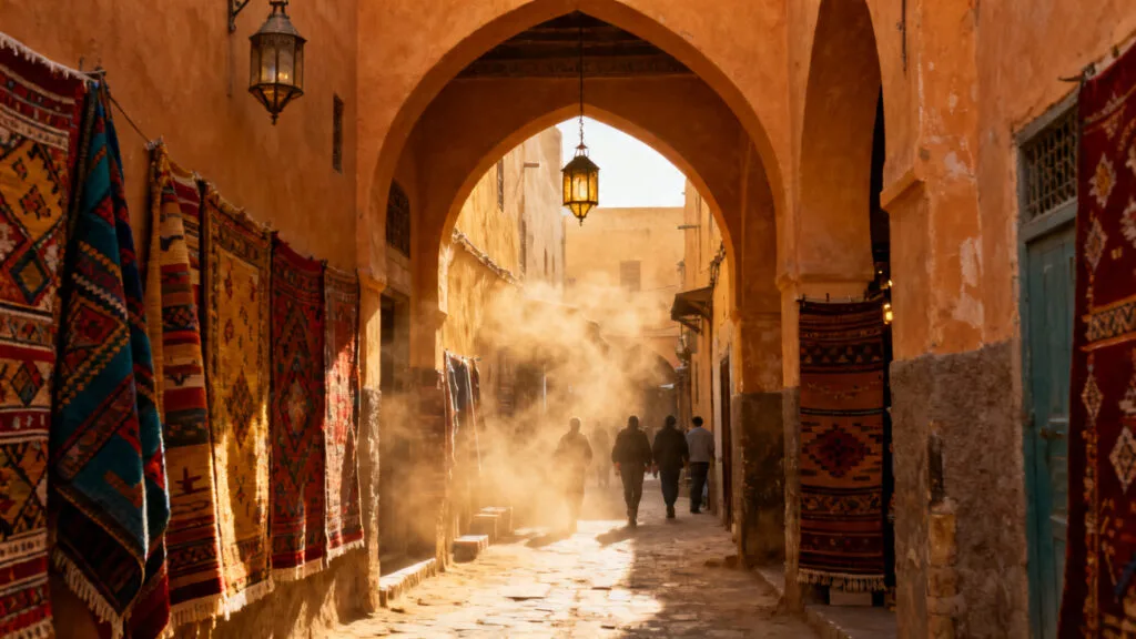 Ruelle de médina avec souks, tapis et lanternes