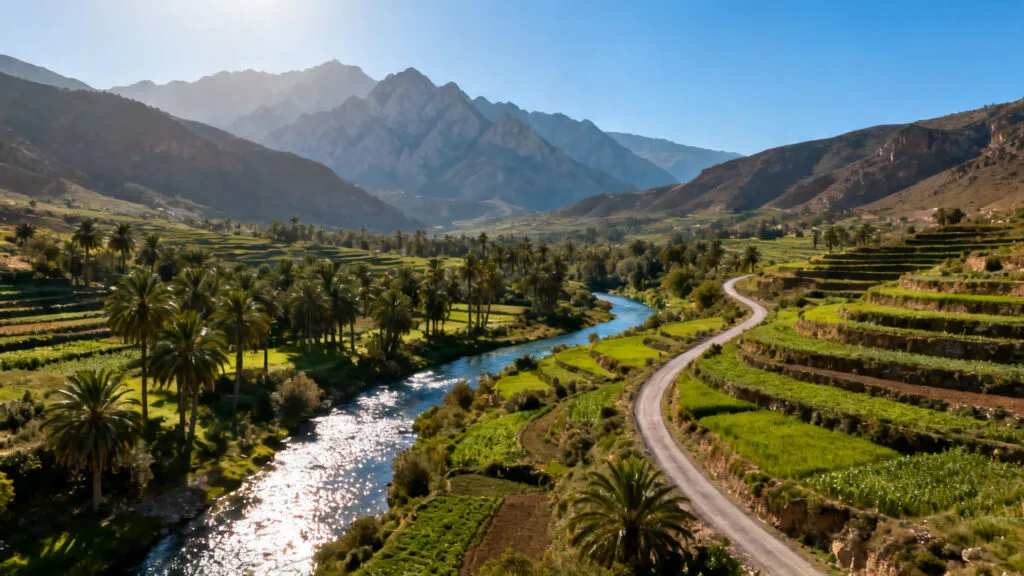 Vallée oasienne et montagnes de l’Atlas sous un ciel clair