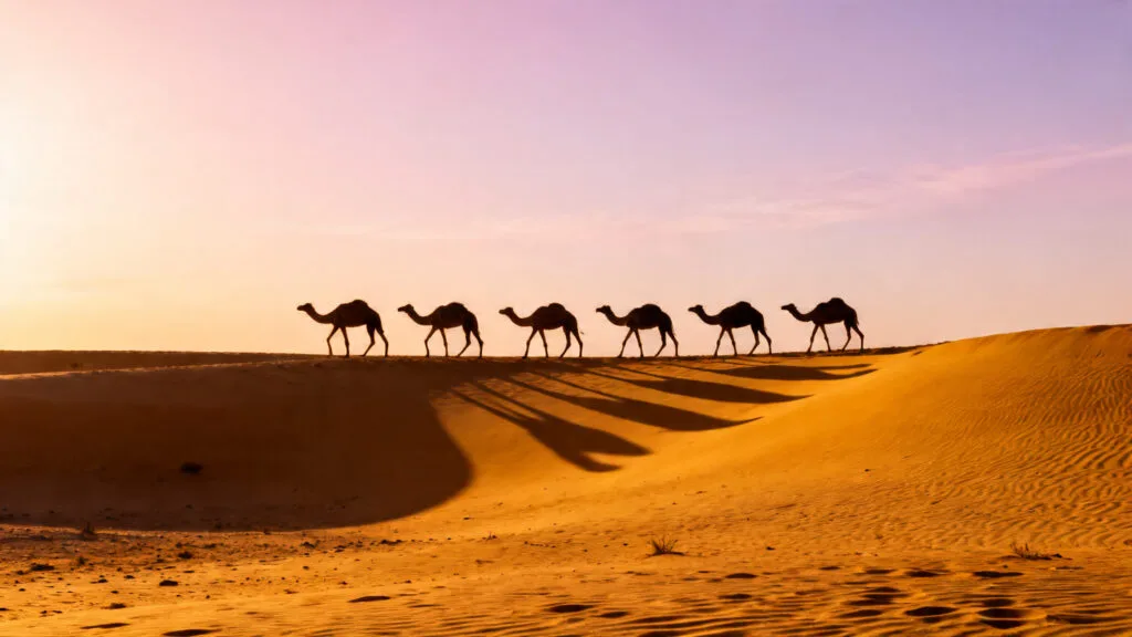 Dunes du Sahara marocain au lever de soleil, caravane de dromadaires