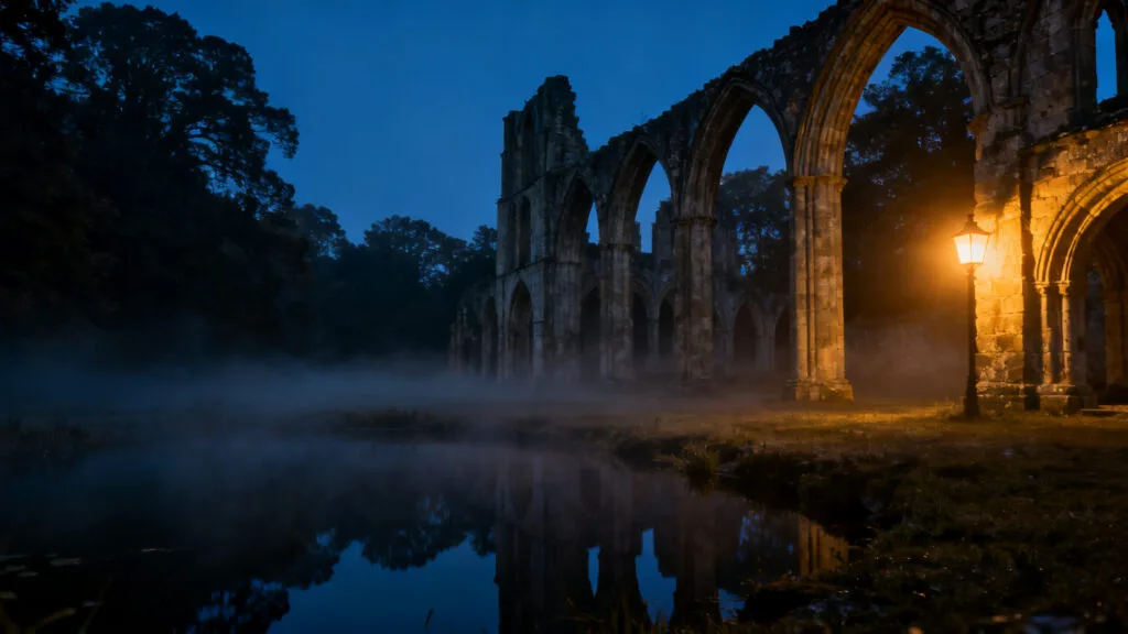 Abbaye hantée, étang et lueur de lanterne