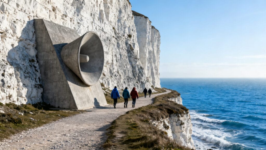 Sentier des falaises blanches et grand miroir sonore en béton