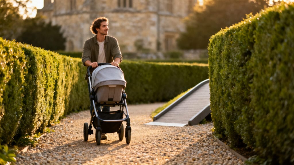 Allée en graviers praticable avec poussette, accessibilité PMR