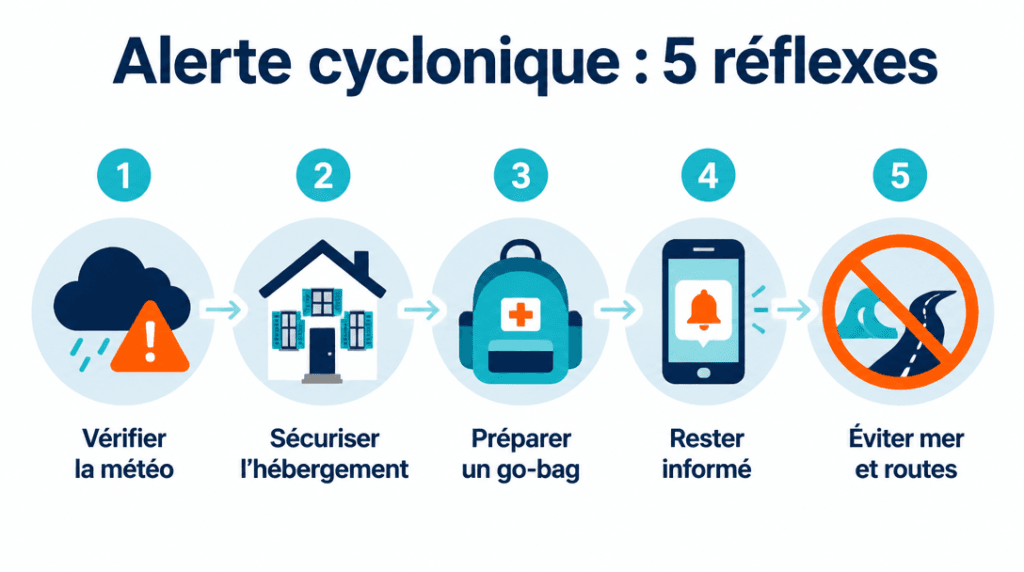 Infographie des 5 réflexes en cas d’alerte cyclonique