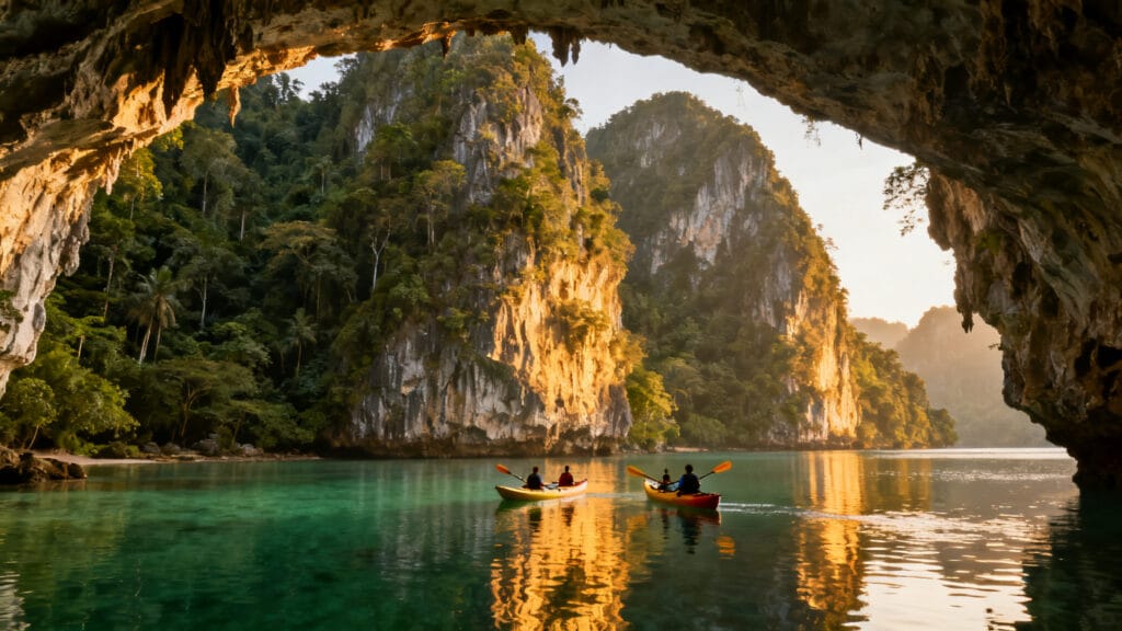 Kayak sous arche calcaire dans une baie karstique