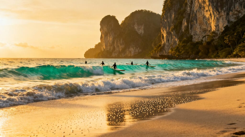 Plage de Bali avec vagues et lumière dorée