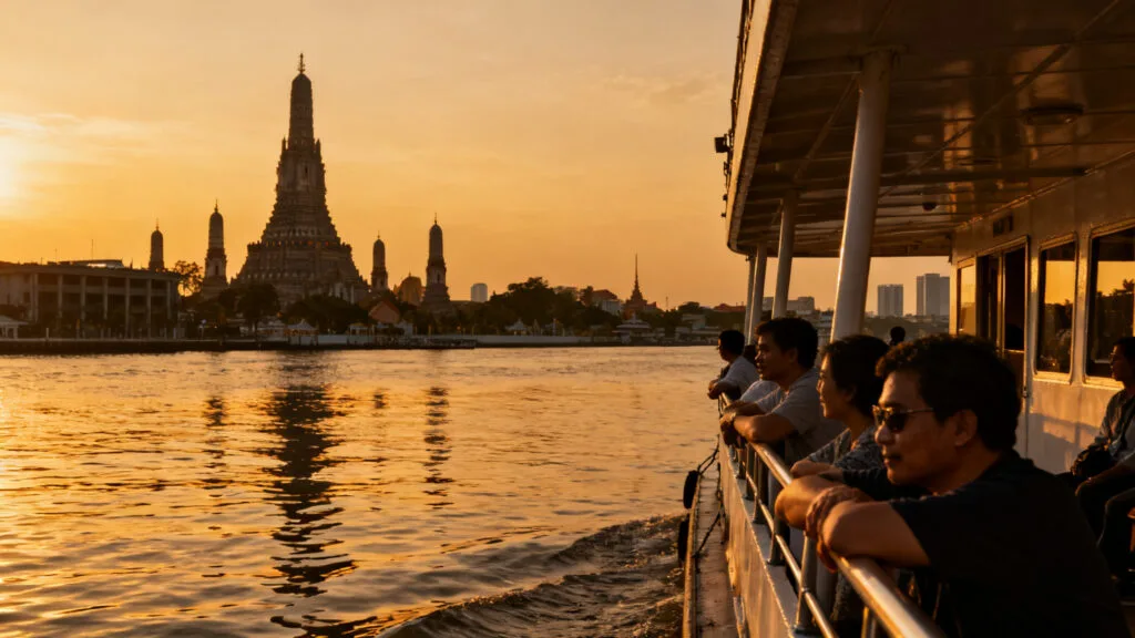 Bateau sur le Chao Phraya au coucher du soleil