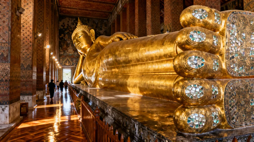Bouddha couché et salle de temple apaisante