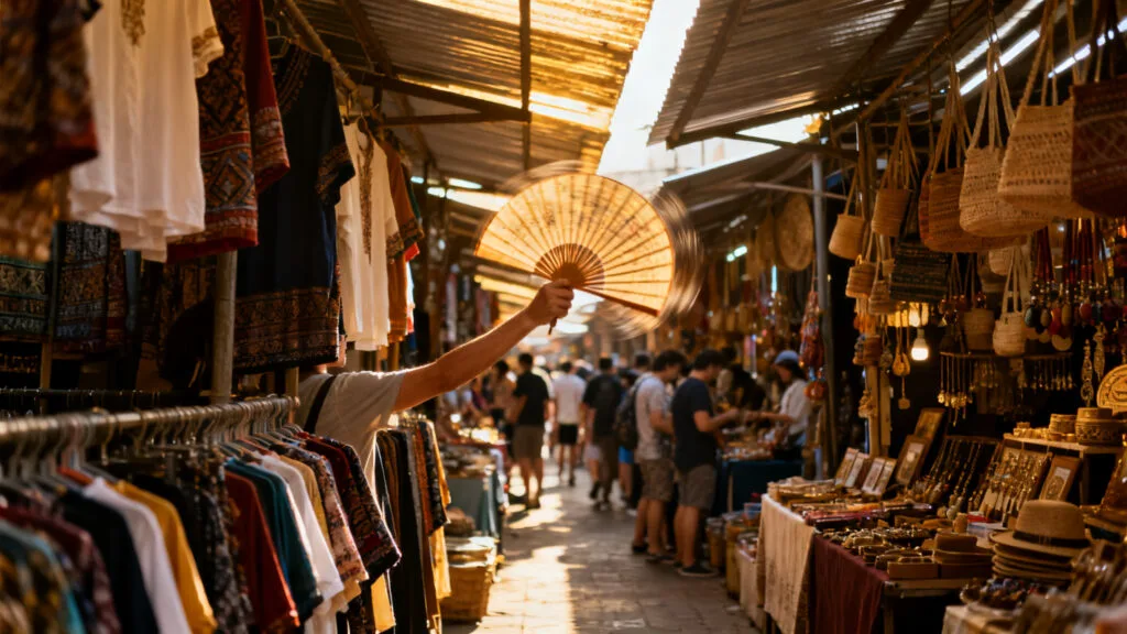 Marché de week-end avec artisanat et foule
