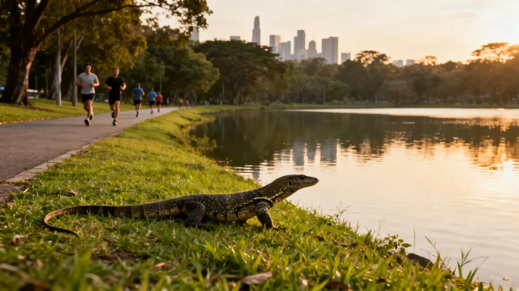 Parc urbain avec varan et lac à Bangkok