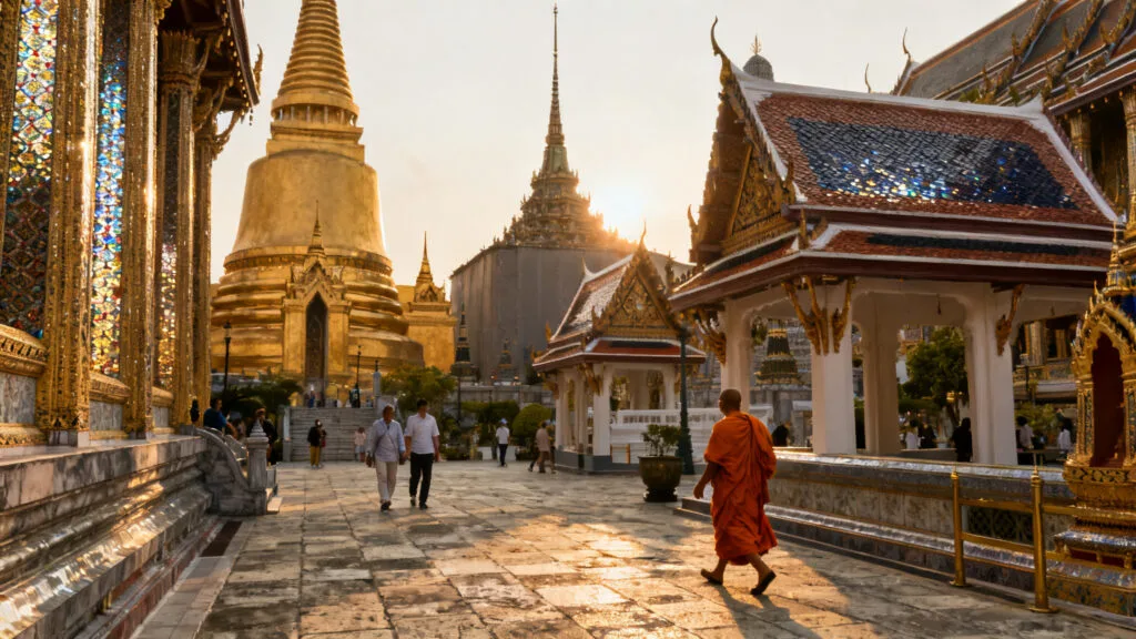 Stupas dorés et cour d’un temple royal