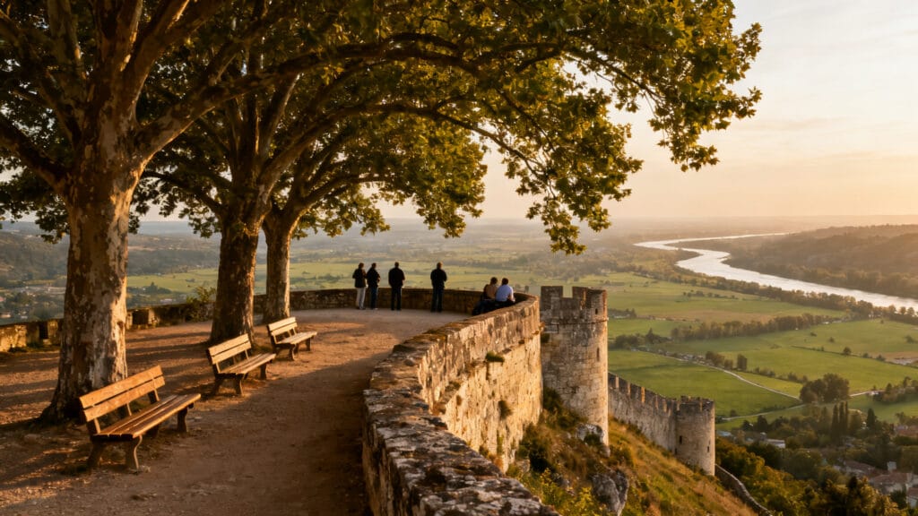 Panorama sur la vallée depuis des remparts de bastide