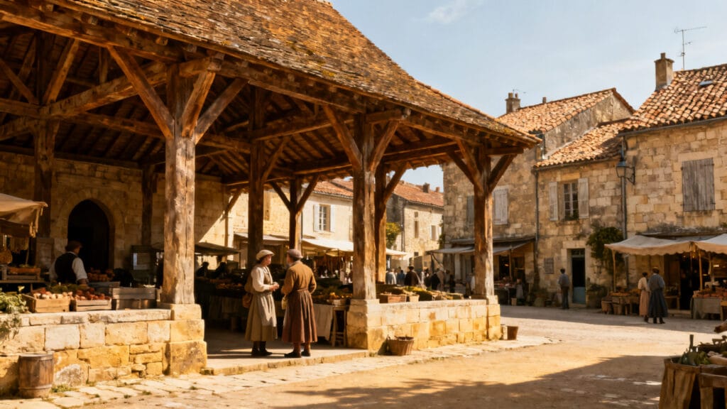 Halle couverte et maisons de pierre d’une bastide