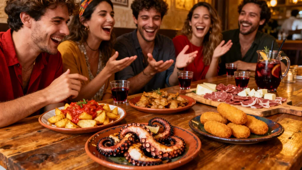 Tapas à partager et verres, ambiance festive en groupe