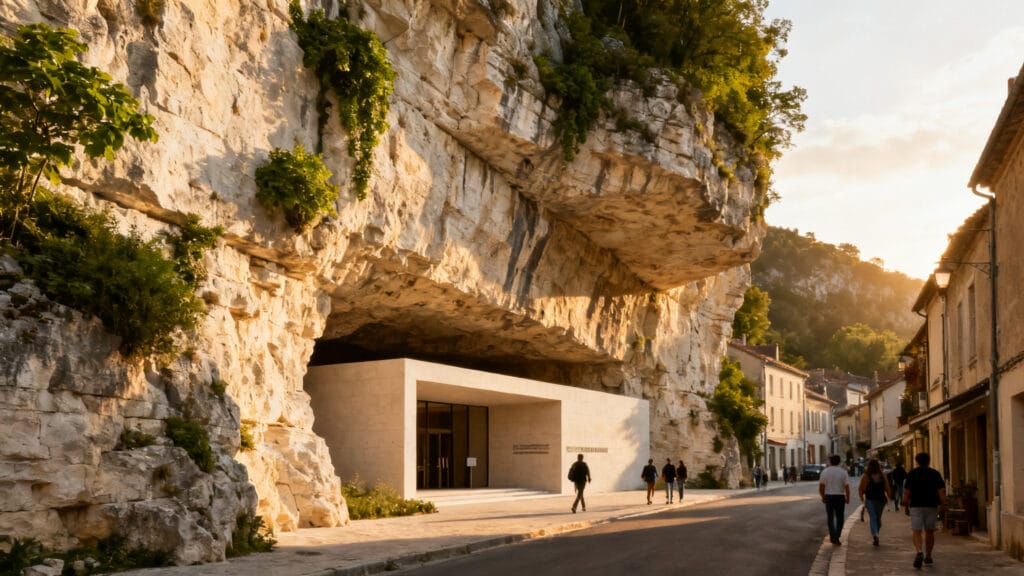 Bourg sous falaise avec accès à un musée de la Préhistoire