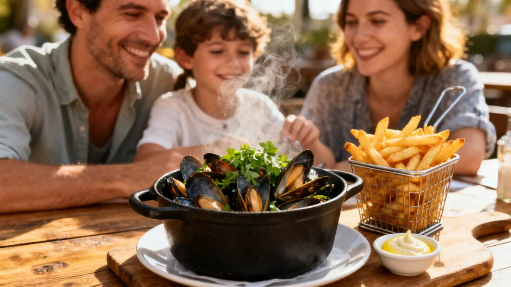 Marmite de moules-frites généreuses en terrasse familiale