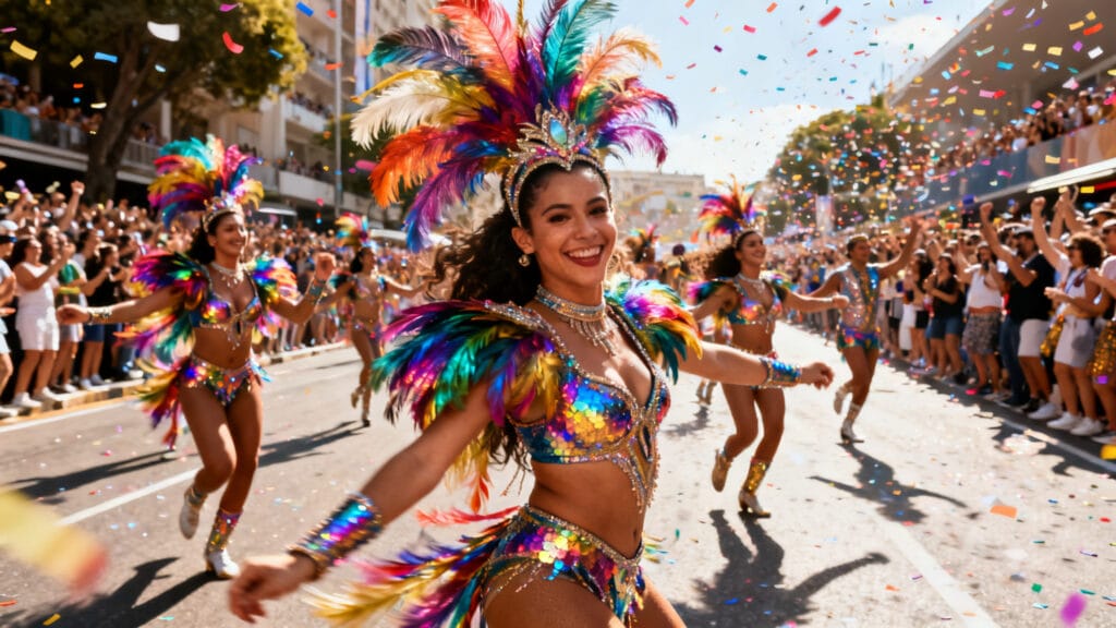 Défilé de carnaval avec costumes à plumes étincelants