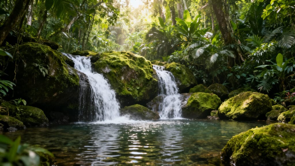 Cascade tropicale et bassin naturel en forêt humide