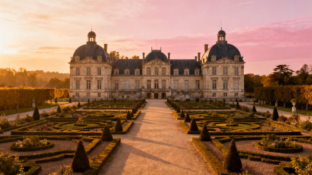 Château classique avec jardins à la française au soleil