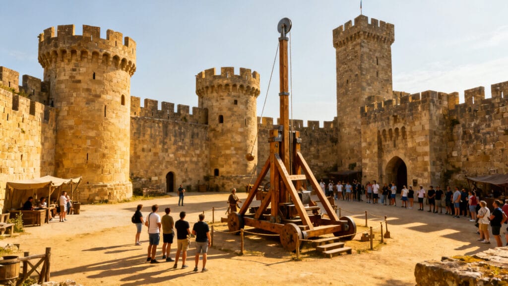 Trébuchet et remparts d’un château médiéval en pierre