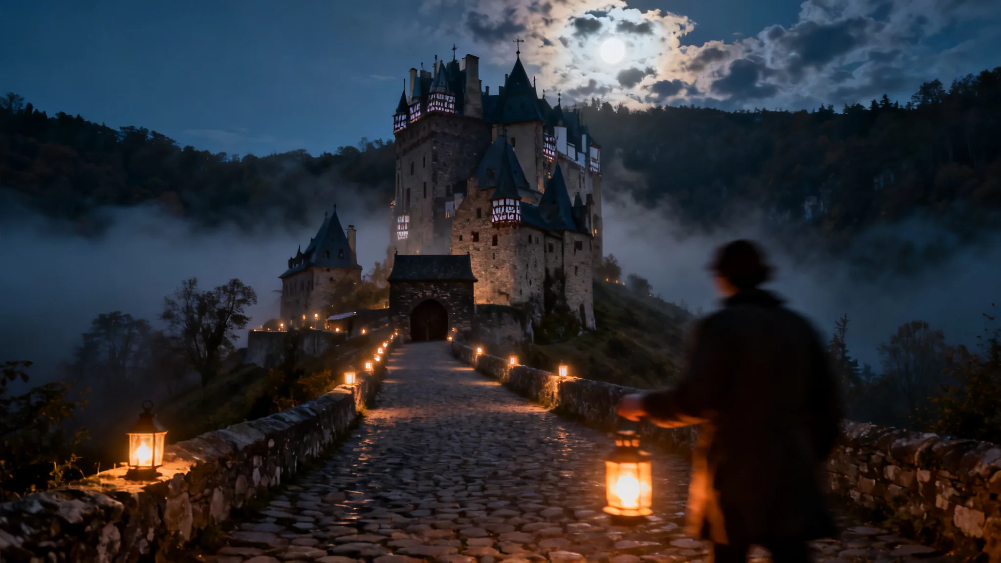 Ambiance de château hanté la nuit, lanternes et brume