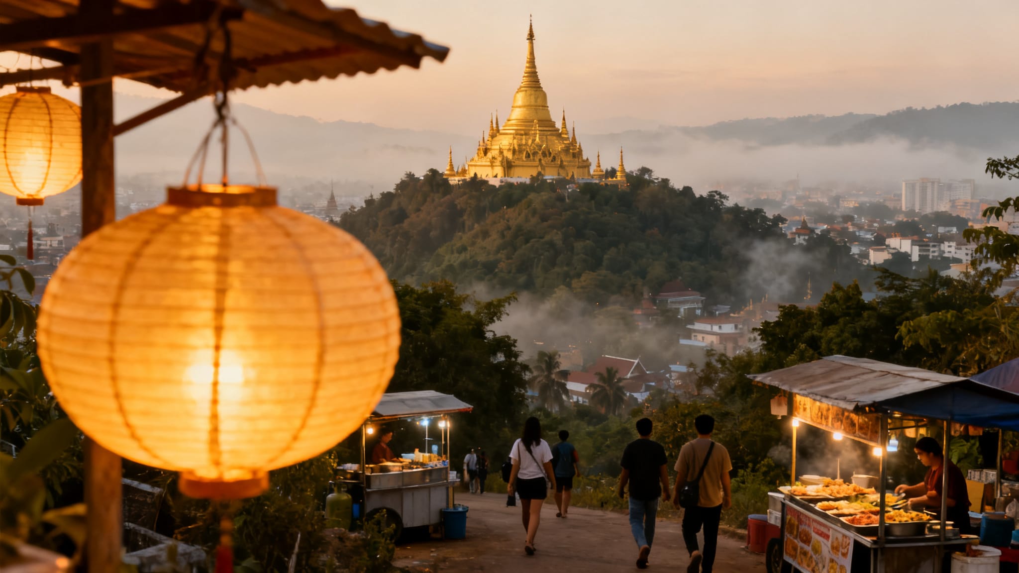 Lever du jour sur chiangmai, temple doré et lanternes