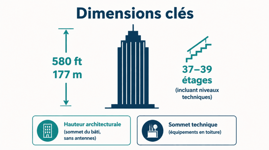 Infographie hauteur 580 ft 177 m et 37–39 étages, définitions