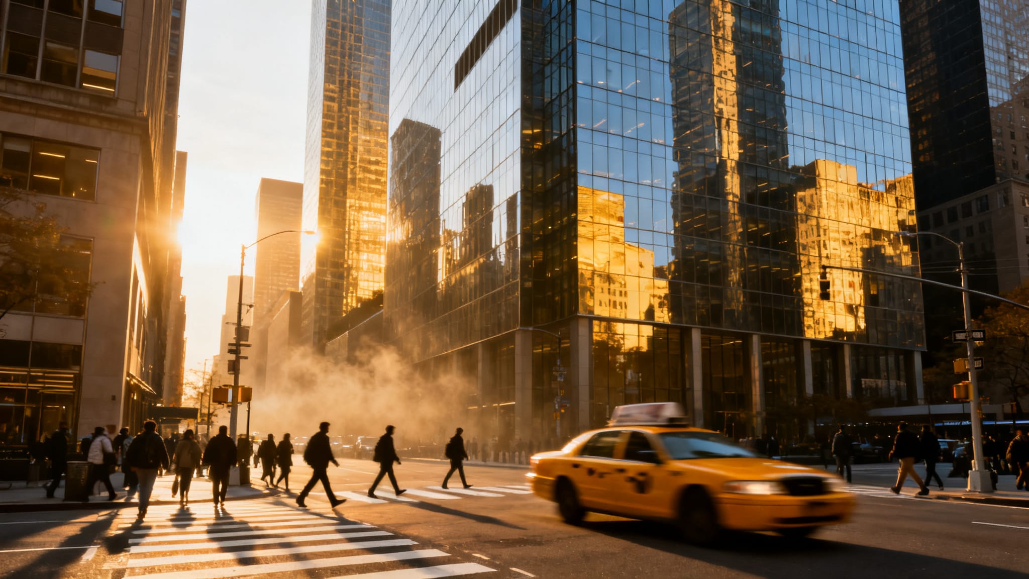 Rue de quartier d’affaires avec tours vitrées au soleil