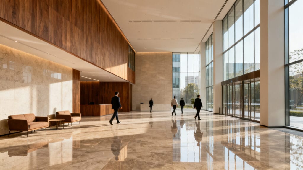 Lobby moderne lumineux aux lignes épurées et matériaux nobles