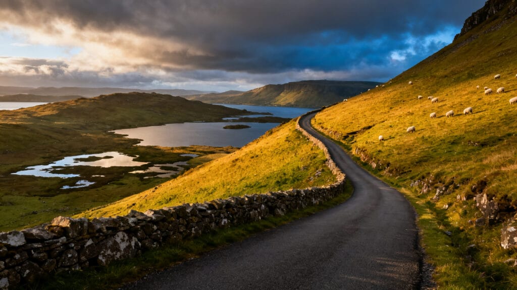 Route scénique entre collines vertes et lacs de l’ouest irlandais