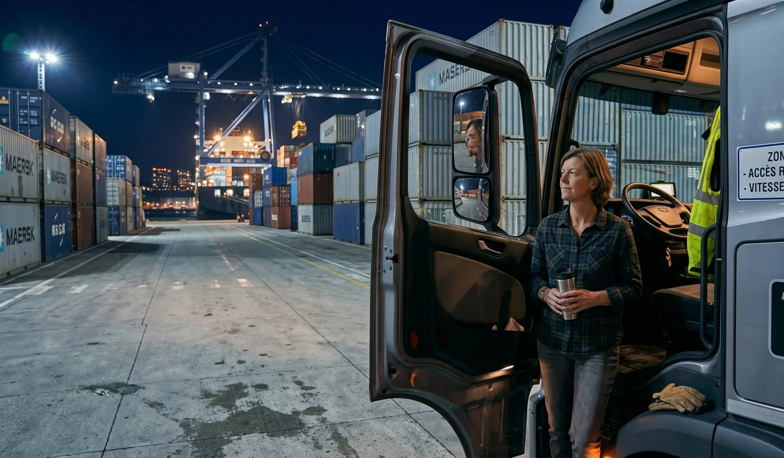 Femme conductrice de camion appuyée sur la portière, port à conteneurs la nuit
