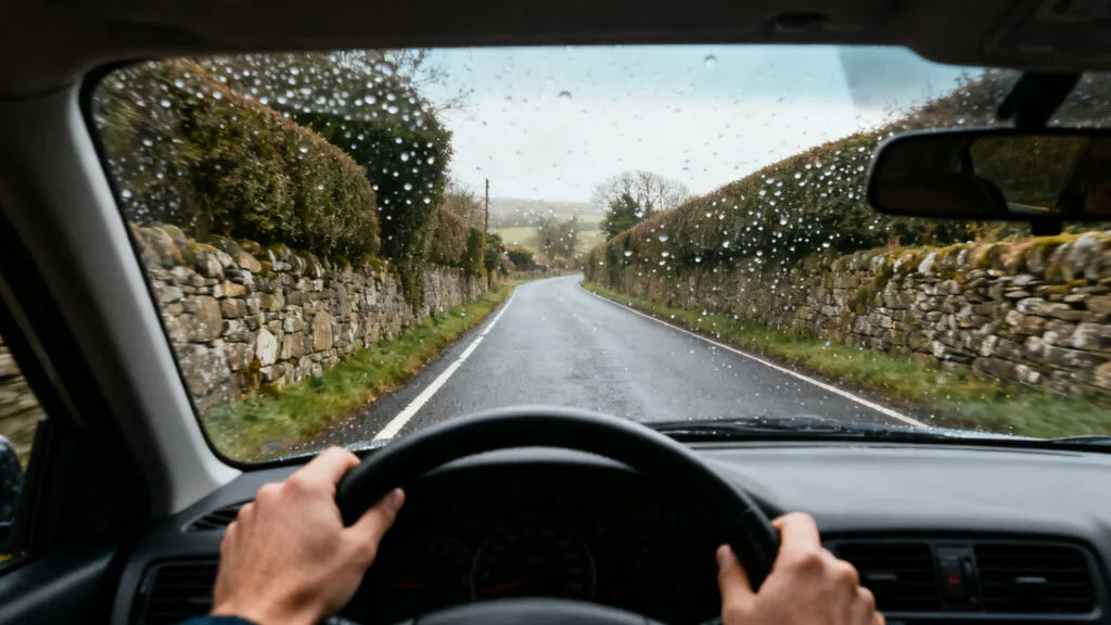 Conduite à gauche sur route rurale bordée de murets en pierre