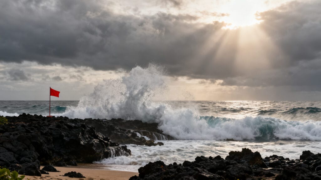 Vagues puissantes sur côte rocheuse, baignade déconseillée