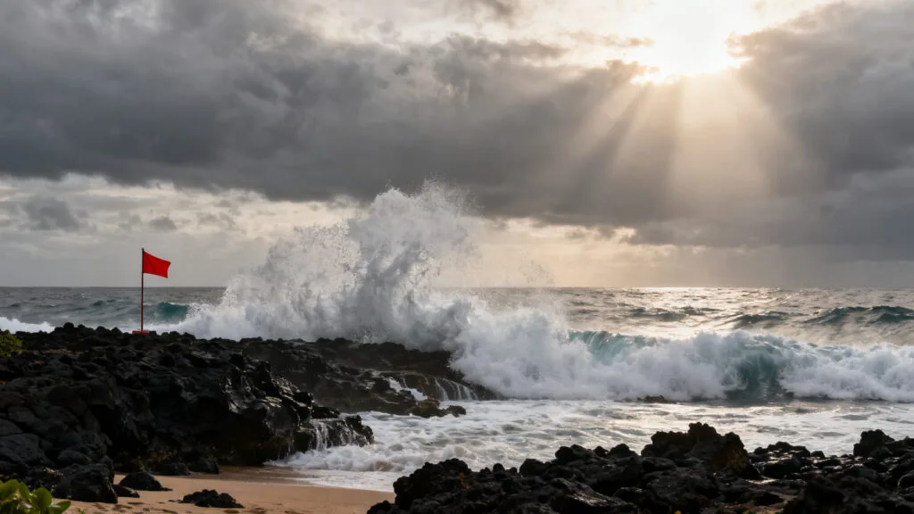 Vagues puissantes sur côte rocheuse, baignade déconseillée