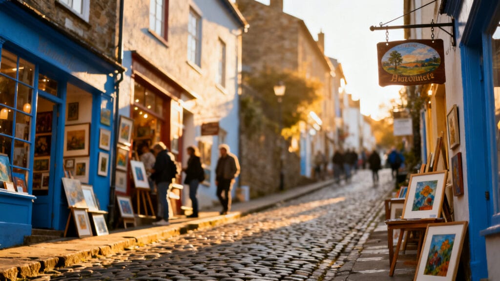 Ruelle du quartier créatif, vitrines colorées et galeries d’art