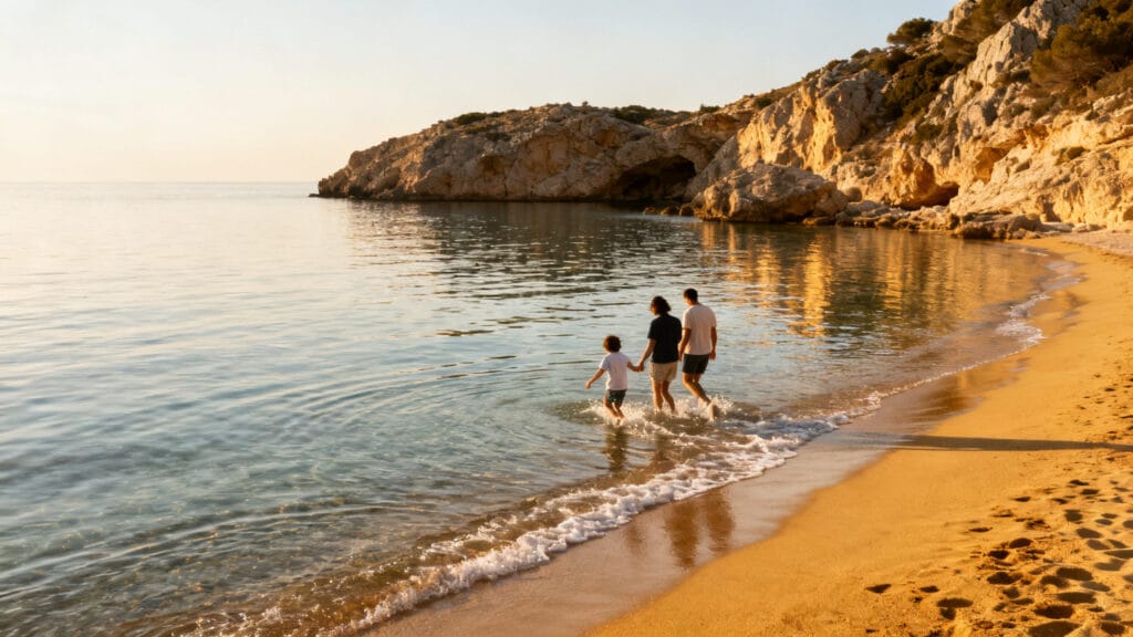 Crique abritée avec eau calme et famille au bord