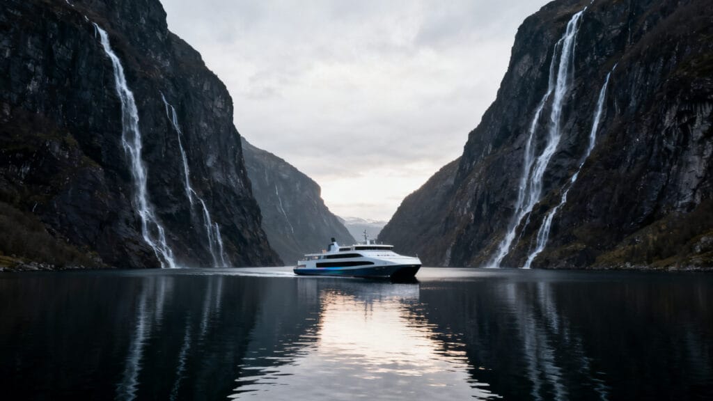 Bateau hybride sur fjord classé UNESCO, hautes falaises