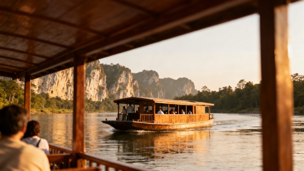 Bateau à fond plat type gabarre glissant sur la Dordogne, falaises en arrière-plan