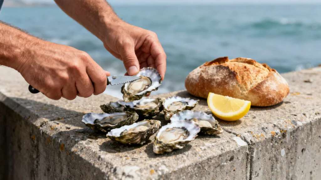 Huîtres de Cancale, citron et pain sur muret côtier