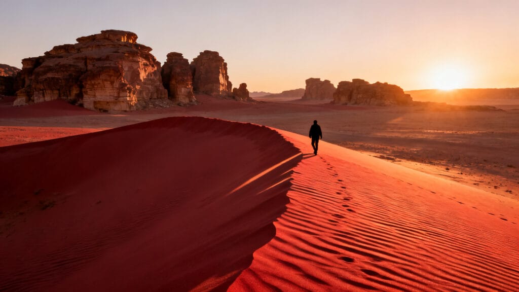 Dunes dorées et roches au coucher du soleil dans le désert